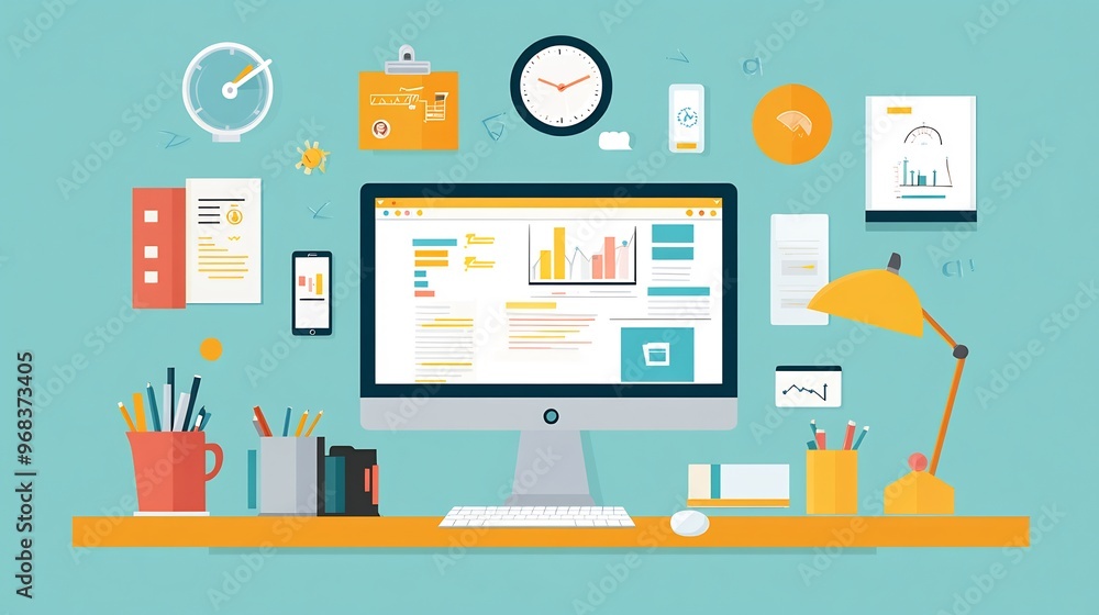 A flat design illustration of a clean, organized desk with a desktop computer, a desk lamp, a clock, and other office supplies. A flat design illustration of a clean, organized desk with a desktop computer, a desk lamp, a clock, and other office supplies.