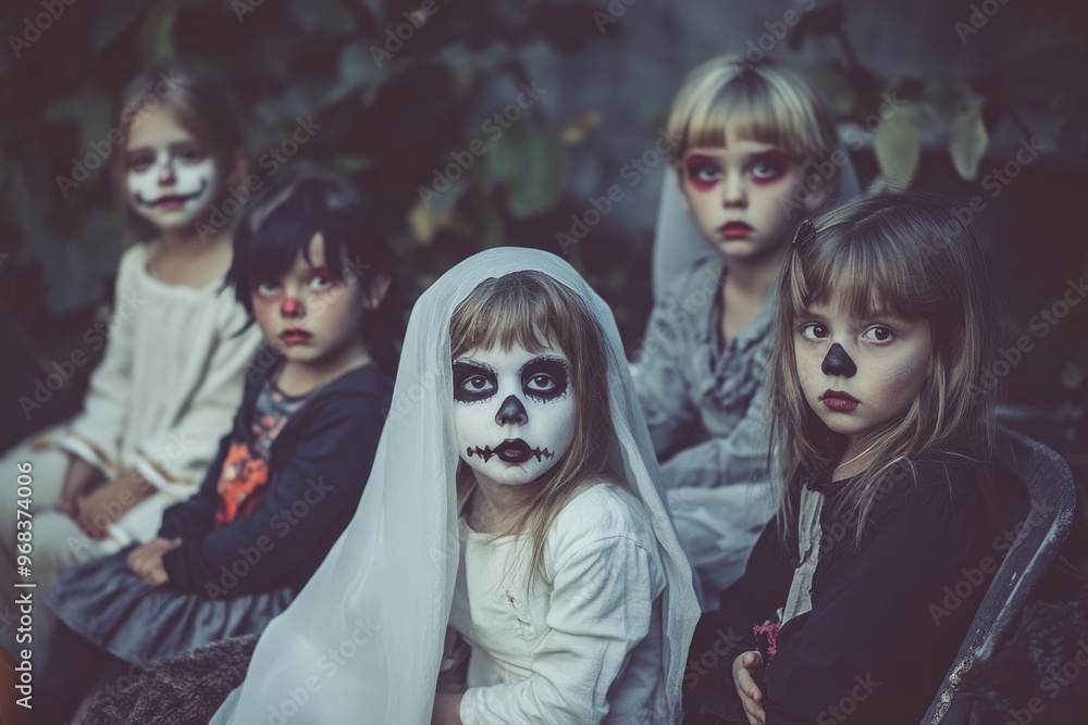 Obraz premium High-resolution photorealistic photograph of children dressed as ghosts and vampires, enjoying a fun Halloween night. The image offers generous copy space, styled like a high-end lifestyle magazine