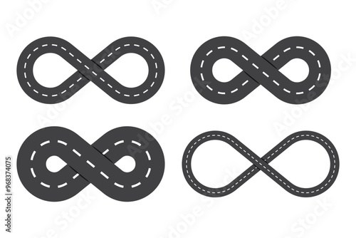 Infinity loop road icons. Set of highway symbols. Black infinity shapes. Endless travel concept.