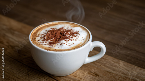 A steaming cup of cappuccino with frothy milk and a sprinkle of cocoa powder