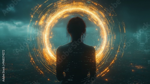 Woman Silhouette Futuristic City Portal