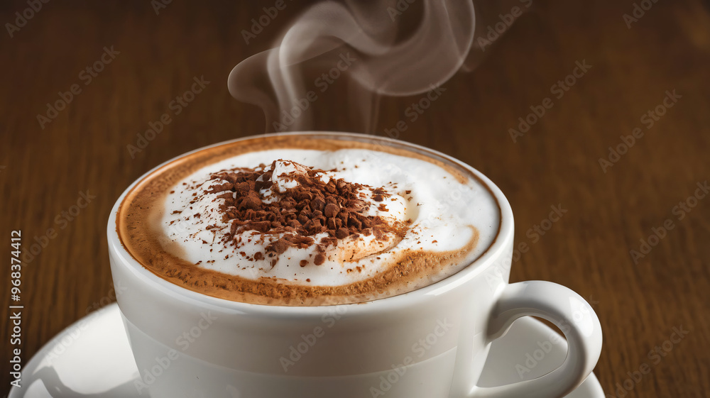 A steaming cup of cappuccino with frothy milk and a sprinkle of cocoa powder A steaming cup of cappuccino with frothy milk and a sprinkle of cocoa powder