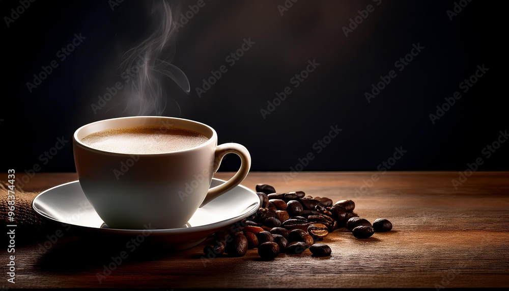 Fresh coffee steams on wooden table close up Fresh coffee steams on wooden table close up
