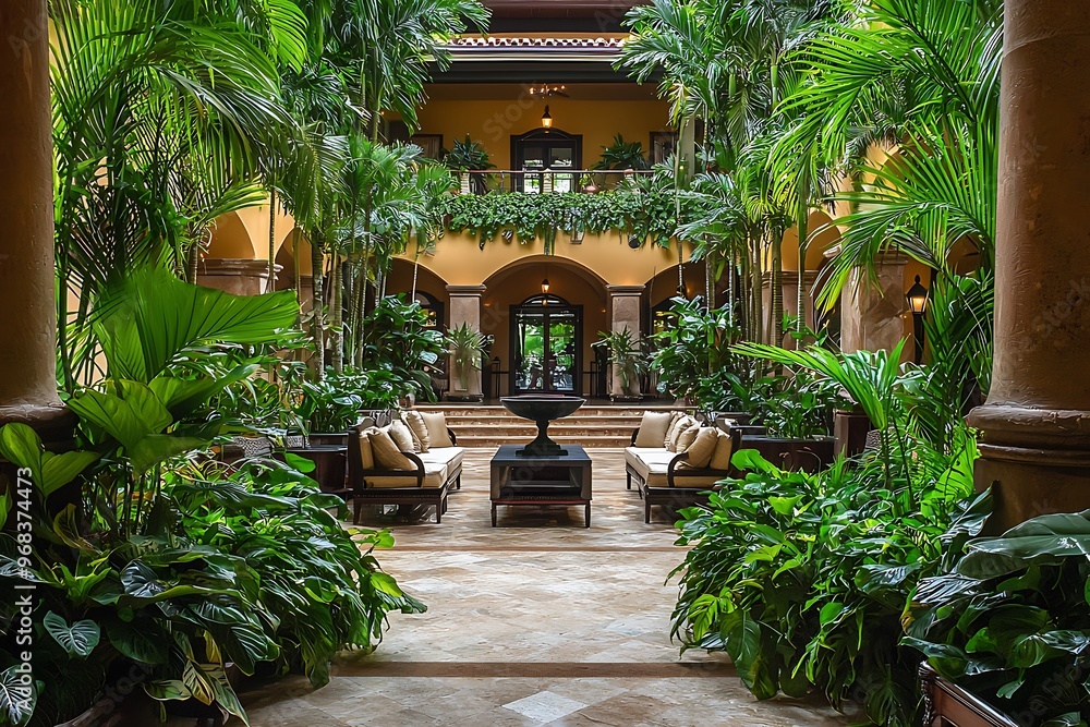 An exotic hotel entrance featuring lush plants and luxurious decor. An exotic hotel entrance featuring lush plants and luxurious decor.