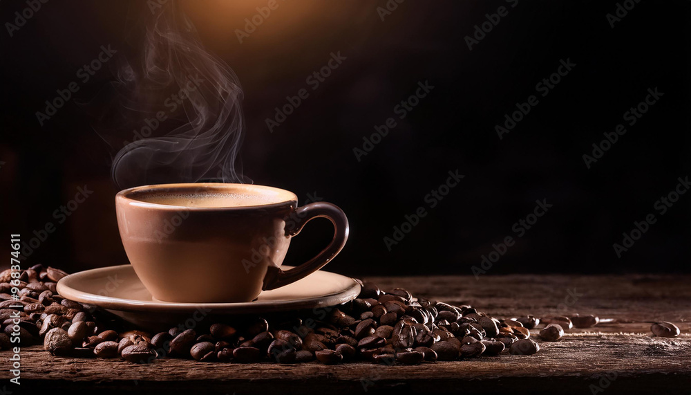 Fresh coffee steams on wooden table close up Fresh coffee steams on wooden table close up