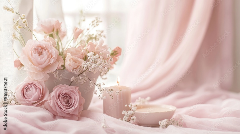 Soft Pink Roses and White Flowers on a Delicate Fabric, Romantic and Elegant Still Life Soft Pink Roses and White Flowers on a Delicate Fabric, Romantic and Elegant Still Life