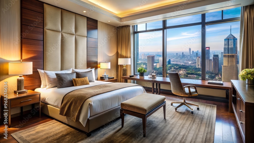 Softly lit, the lavish hotel room features a plush bed, a sleek desk, and floor-to-ceiling windows revealing the Softly lit, the lavish hotel room features a plush bed, a sleek desk, and floor-to-ceiling windows revealing the