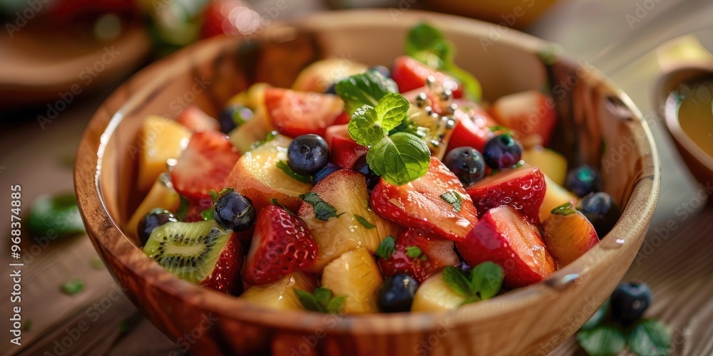 Close up of a nutritious and low calorie meal featuring a wooden bowl filled with a delicious fruit salad topped with dressing Close up of a nutritious and low calorie meal featuring a wooden bowl filled with a delicious fruit salad topped with dressing