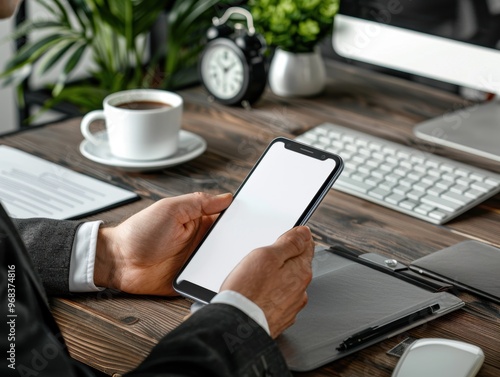 A man is holding a cell phone on a desk with a cup of coffee and a clock