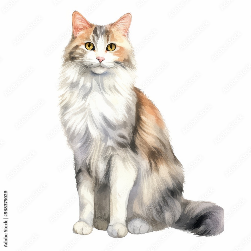 Beautiful watercolor illustration of a fluffy calico cat sitting gracefully on a white background. Perfect for pet-themed artwork, home decor, and animal lovers. Beautiful watercolor illustration of a fluffy calico cat sitting gracefully on a white background. Perfect for pet-themed artwork, home decor, and animal lovers.