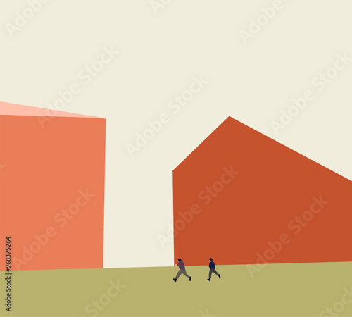 Men jogging on city street with abstract orange building. Strong sporty athletic fit. Modern Minimal art design.