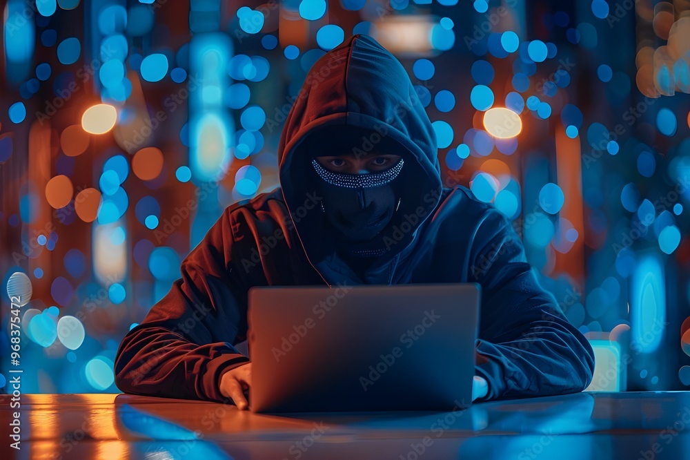 Hacker in mask using laptop at night. Cybercrime concept. - Generated AI Hacker in mask using laptop at night. Cybercrime concept. - Generated AI