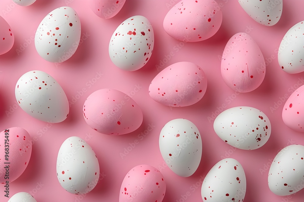 White and pink Easter eggs on pink background. Flat lay, top view - Generated AI White and pink Easter eggs on pink background. Flat lay, top view - Generated AI