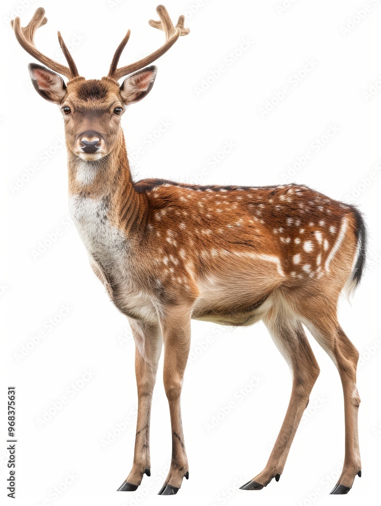 A deer stands in front of a white background A deer stands in front of a white background