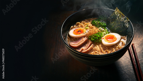 High angle of delicious ramen in bowl