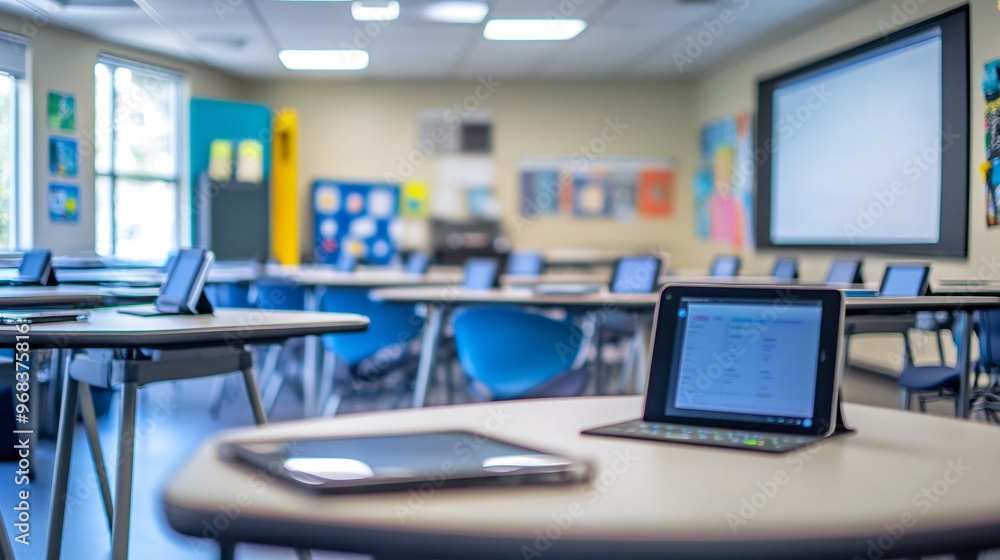 A laptop computer sits on a table in a classroom with a projector screen and blurred out students. A laptop computer sits on a table in a classroom with a projector screen and blurred out students.