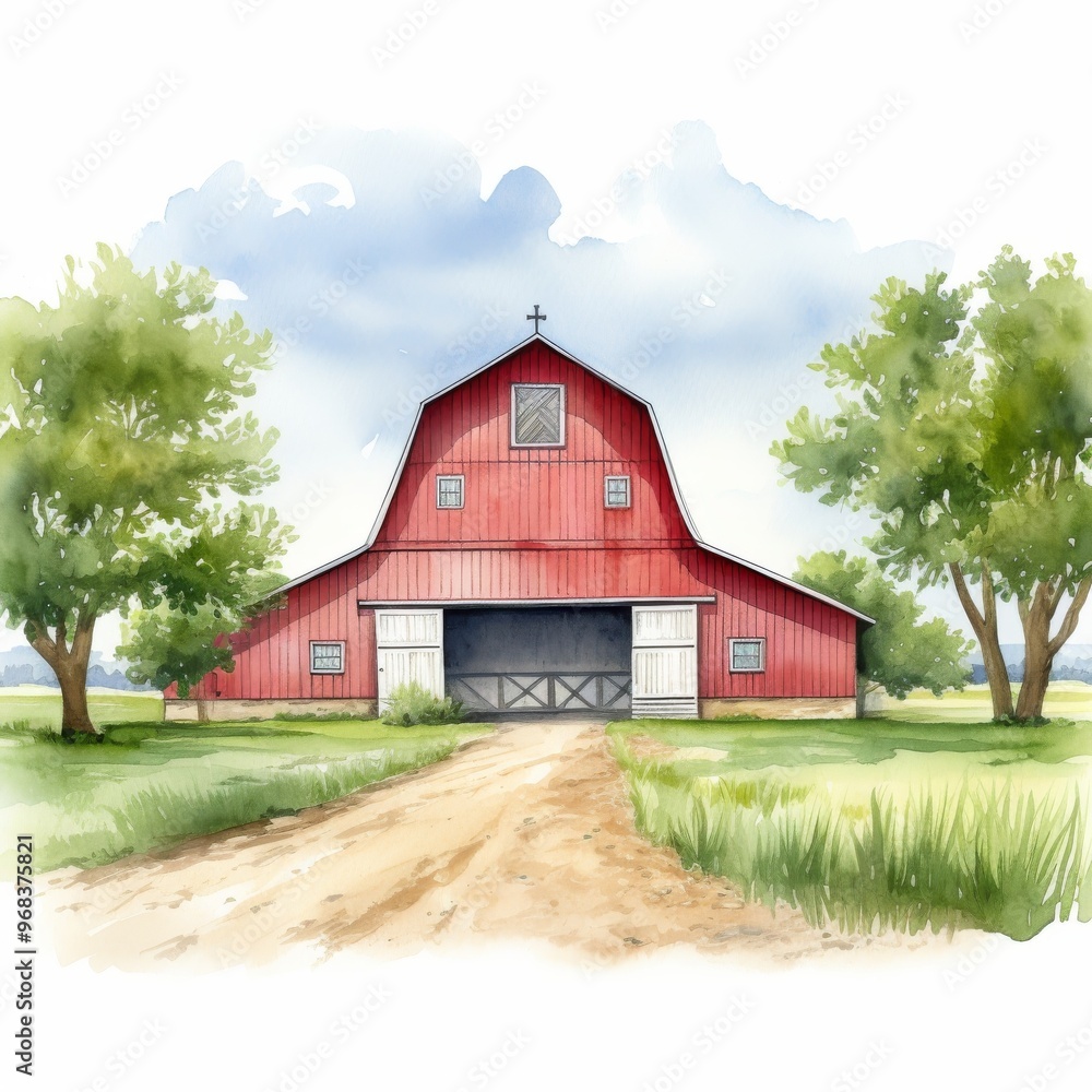Charming Red Barn in a Countryside Setting with Lush Green Trees and a Dirt Pathway - Watercolor Illustration Charming Red Barn in a Countryside Setting with Lush Green Trees and a Dirt Pathway - Watercolor Illustration