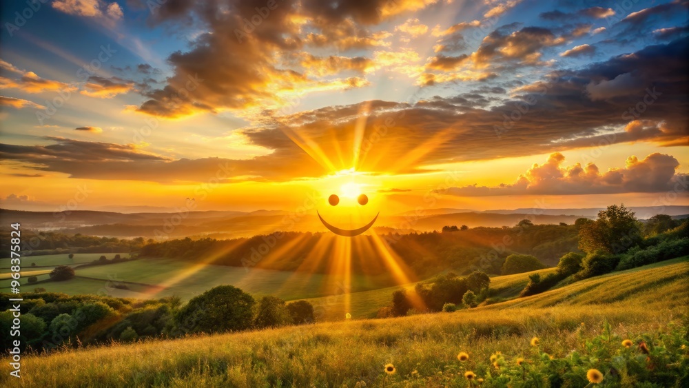 Sunrise majestically unfolds as a smiling sun casts golden rays across a serene landscape, bringing with it the Sunrise majestically unfolds as a smiling sun casts golden rays across a serene landscape, bringing with it the