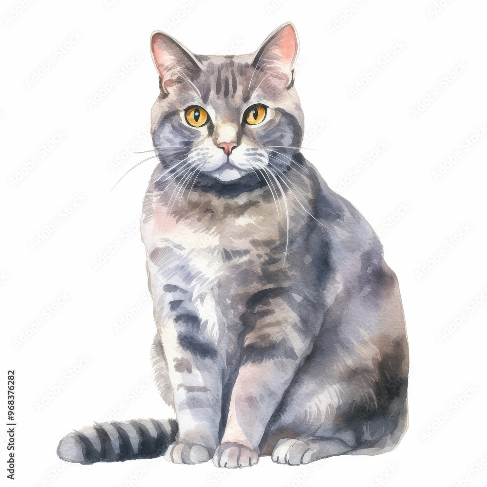 Fototapeta premium Watercolor Illustration of Grey Tabby Cat Sitting - Perfect for Pet Lovers, Artwork, and Home Decor
