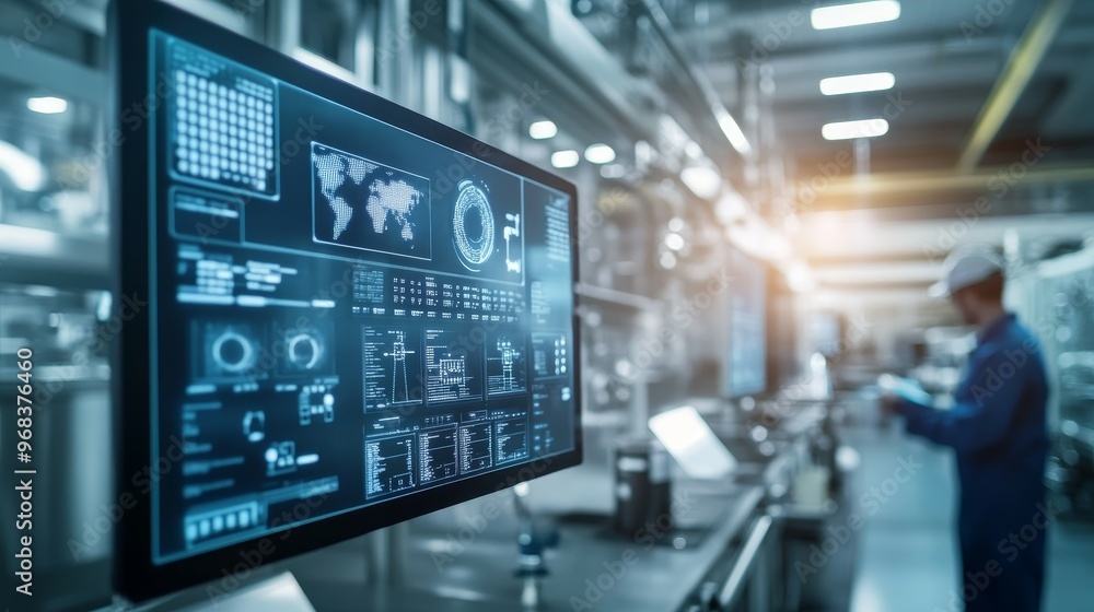 A digital monitor displaying data in an industrial setting with a worker in the background. A digital monitor displaying data in an industrial setting with a worker in the background.