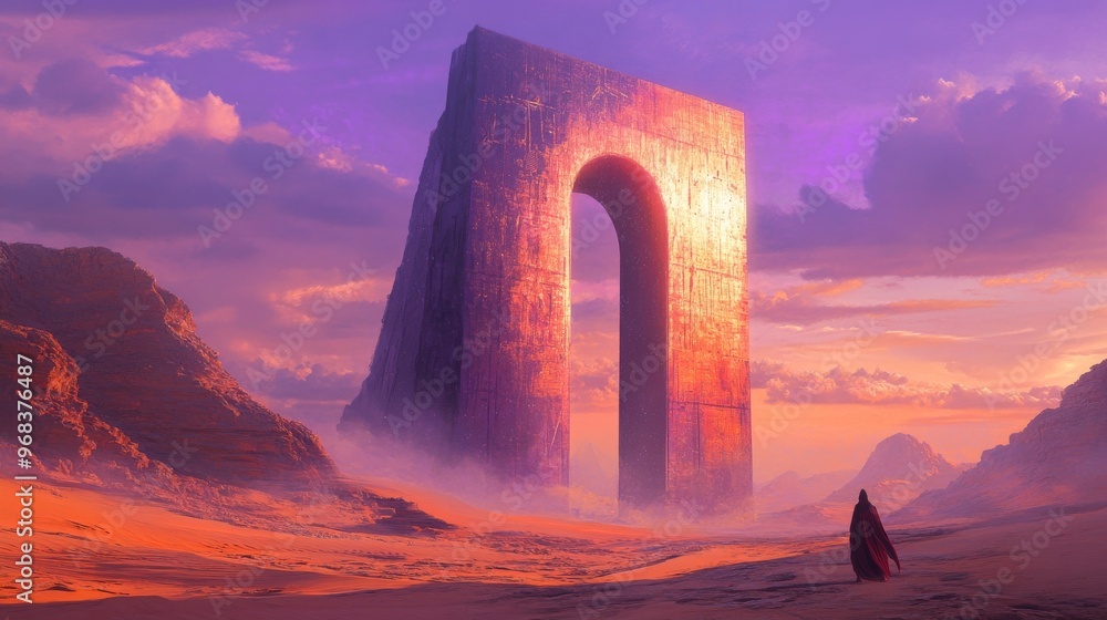 A lone figure walks towards a giant archway in a desert landscape at sunset. A lone figure walks towards a giant archway in a desert landscape at sunset.