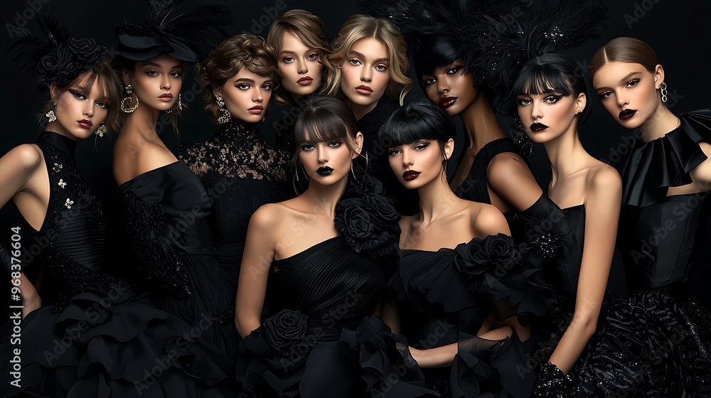 Fototapeta premium Fashionable models in elegant black attire, posing as a coordinated group.