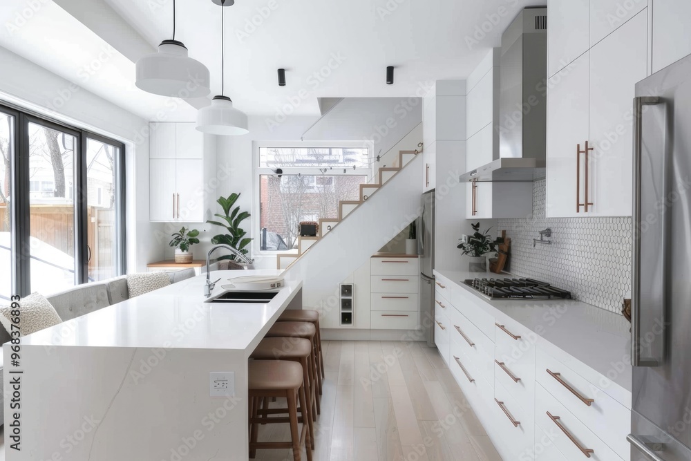 Minimal white kitchen with cozy seating and sleek design Minimal white kitchen with cozy seating and sleek design