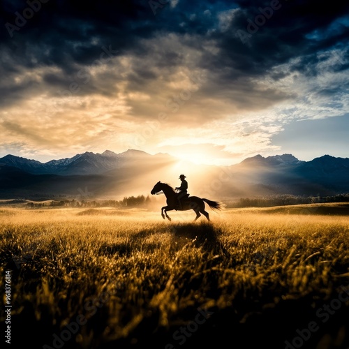 A rider gallops majestically across a golden meadow at sunset, with mountains silhouetted against the vibrant sky.