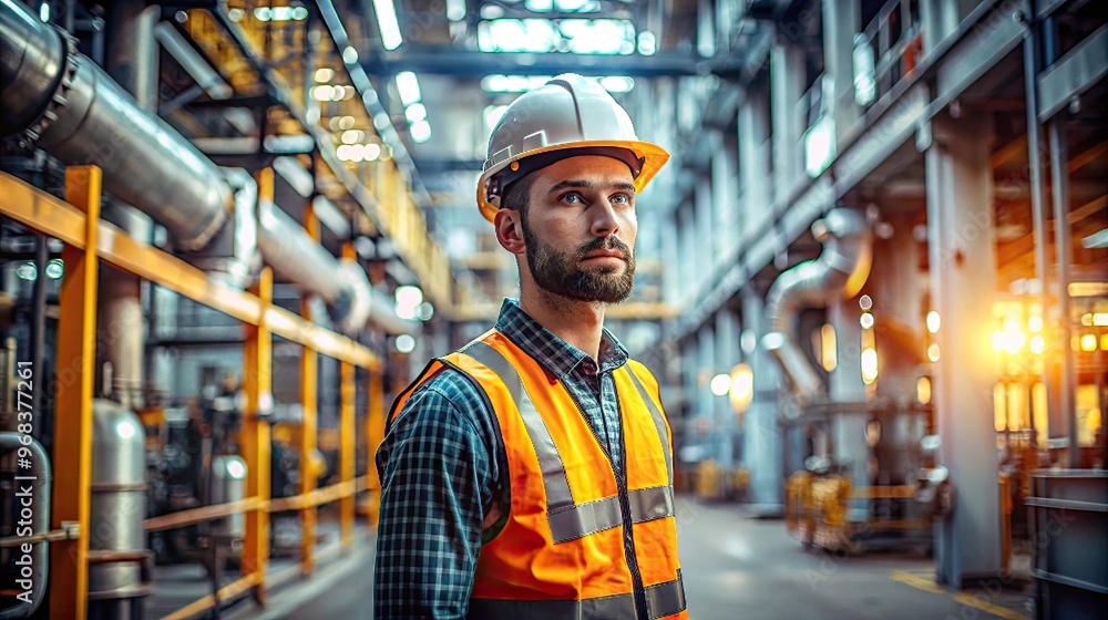 Worker in hard hat and safety vest stands industrial setting. Labor Day Concept. Worker in hard hat and safety vest stands industrial setting. Labor Day Concept.