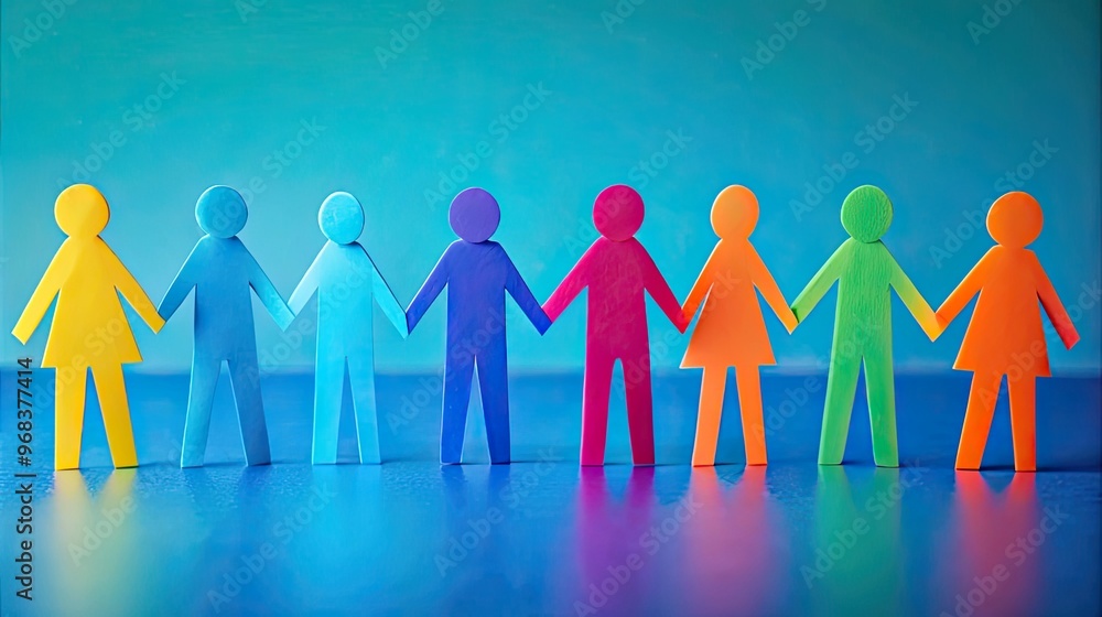 Seven paper figures holding hands, different colors, blue background. Seven paper figures holding hands, different colors, blue background.