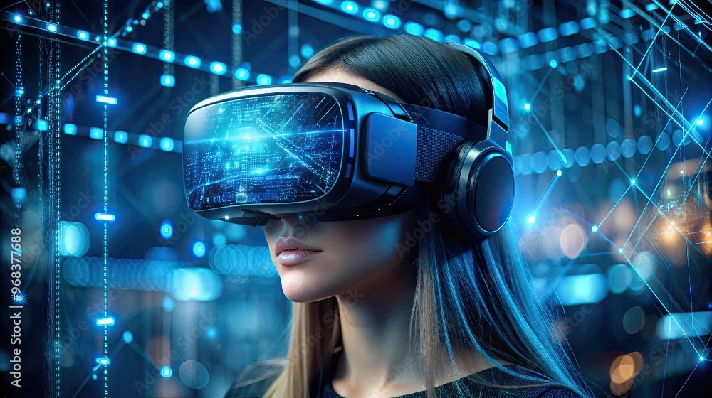 Woman wearing VR headset with blue digital display. Woman wearing VR headset with blue digital display.