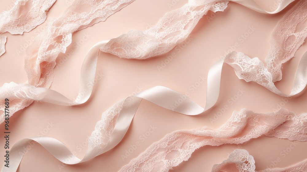 Delicate Lace and Satin Ribbon on a Soft Pink Background, Elegant Fabric Textures for Crafts Delicate Lace and Satin Ribbon on a Soft Pink Background, Elegant Fabric Textures for Crafts