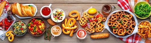 Soft Pretzels Beer and Appetizers on a Wooden Table