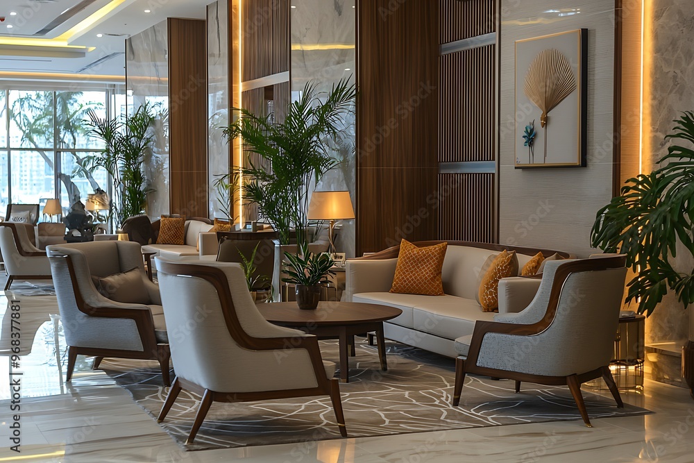 Fototapeta premium Four-star hotel lobby with tasteful decor and stylish furniture.