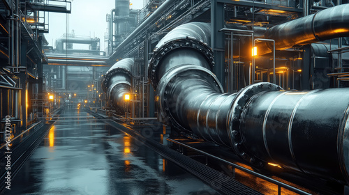 gas pipeline pipes, large industrial petrol station, heating, gas transmission over distance, water supply, equipment, technology, engineering, oil, chemistry