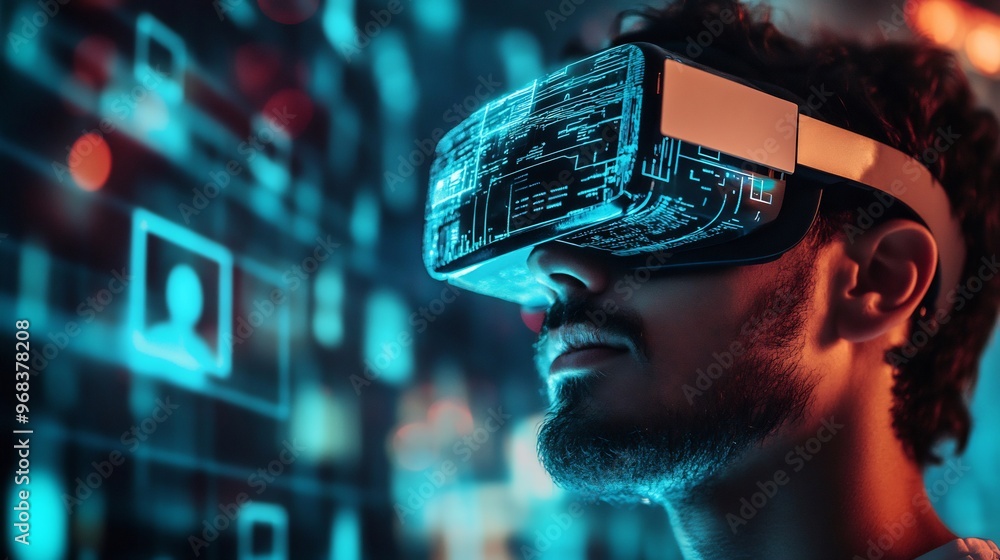 A man wearing a VR headset looks up with a thoughtful expression, a futuristic background of blue and red glowing icons. A man wearing a VR headset looks up with a thoughtful expression, a futuristic background of blue and red glowing icons.