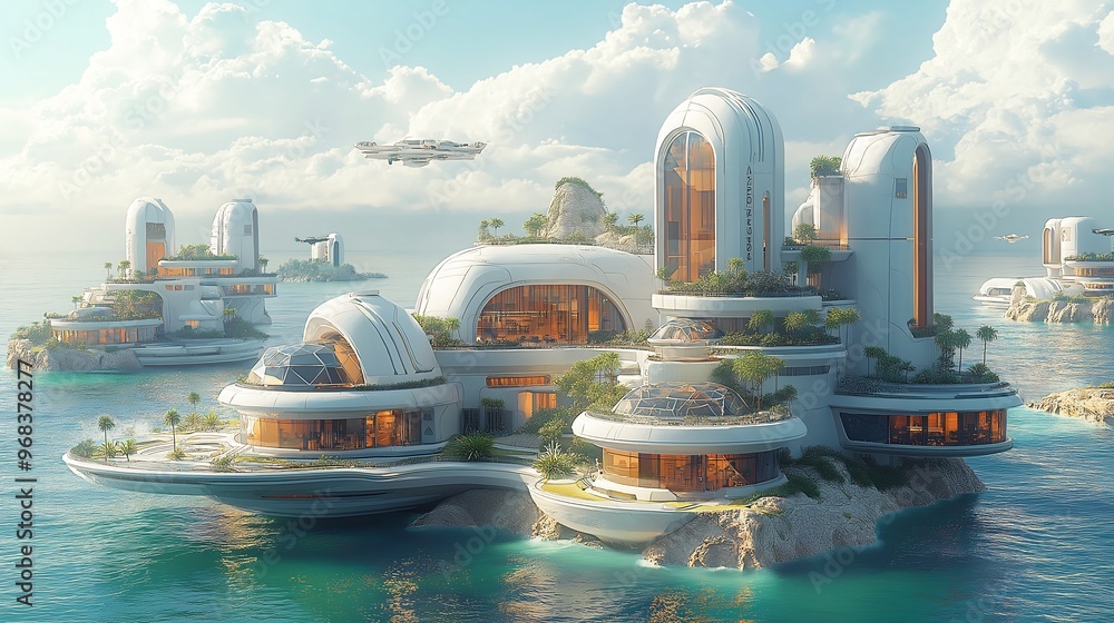 Obraz premium Futuristic City on Water, Tropical Paradise