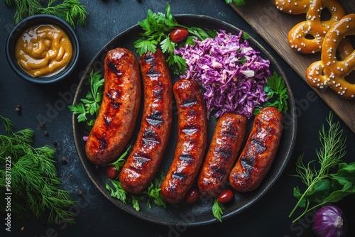 Authentic Oktoberfest Snack Platter with Pretzels and Sausages, Delicious Oktoberfest Feast Traditional Bavarian Snacks and Beer, Rustic Oktoberfest Table with Classic German Snacks and Drinks photo