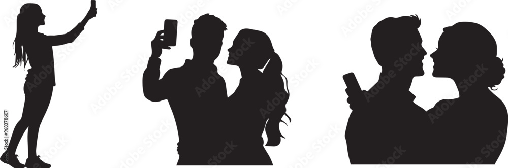 Silhouette of a newly married couple taking a selfie in their mobile pone icon Silhouette of a newly married couple taking a selfie in their mobile pone icon