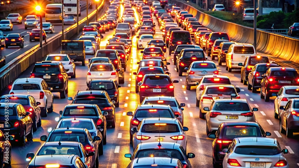 Fototapeta premium A traffic jam on an expressway during rush hour, with vehicles packed tightly and brake lights glowing, capturing urban congestion and its impact.
