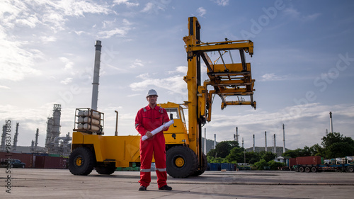 Dockworkers or engineer in protective uniforms standing near large industrial crane structure holding documents  suggests inspection industrial work import export is logistic business concept. photo