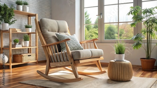 The wooden rocking chair, adorned with plush cushions, beckons you to sit back and relax in a warm, photo