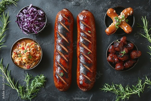 Authentic Oktoberfest Snack Platter with Pretzels and Sausages, Delicious Oktoberfest Feast Traditional Bavarian Snacks and Beer, Rustic Oktoberfest Table with Classic German Snacks and Drinks photo