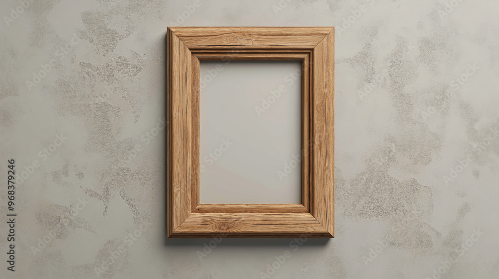 Wooden picture frame hanging on a textured wall displaying a blank space Wooden picture frame hanging on a textured wall displaying a blank space