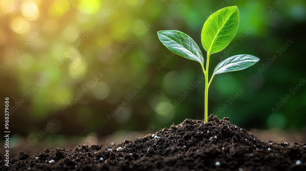 Young green plant sprouting from fertile soil with sunlight in the background. Young green plant sprouting from fertile soil with sunlight in the background.
