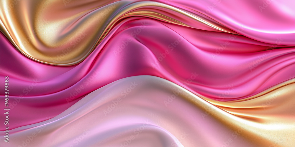 Fototapeta premium Pink, gold and white satin fabric flowing in waves