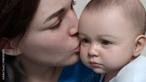 Mother gently kissing baby's forehead, close-up, realistic