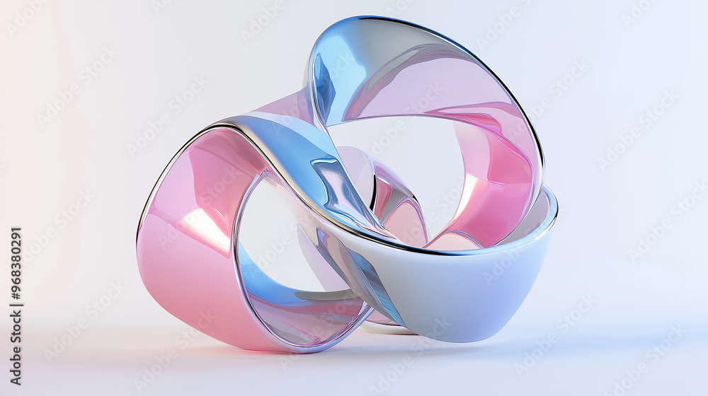 Abstract pink and blue sculpture forming interlocking rings on white background Abstract pink and blue sculpture forming interlocking rings on white background