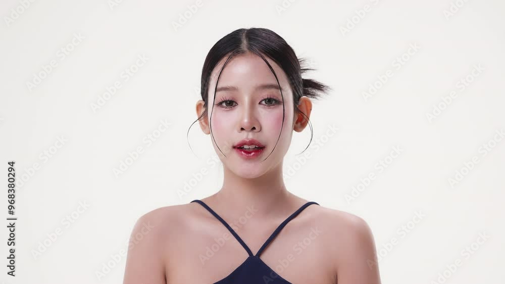 Slow motion of beautiful young Asian girl with k-beauty make up style on isolated white background. Healthy and fresh skin woman footage for cosmetic, skin care commercial advertising. Slow motion of beautiful young Asian girl with k-beauty make up style on isolated white background. Healthy and fresh skin woman footage for cosmetic, skin care commercial advertising.
