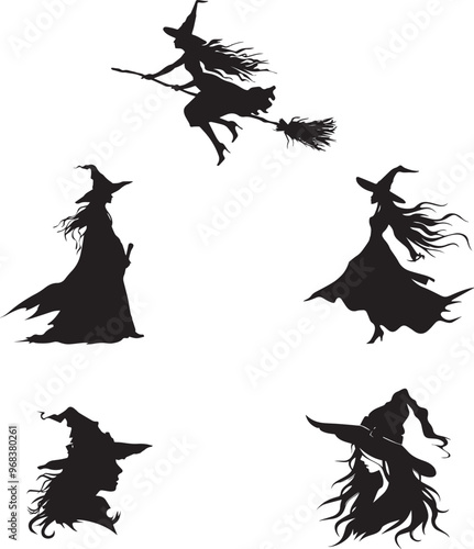 Set of witch halloween elements, Silhouette of witch fly on his broom in flight icon, witch flying on a broomstick vector